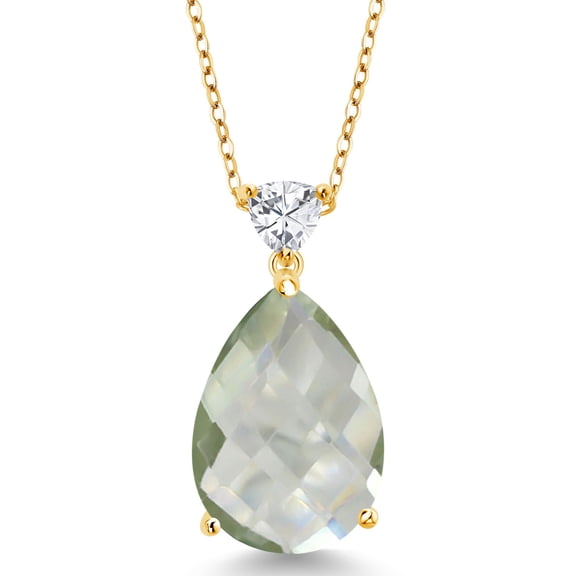 Gem Stone King 10.32 Ct Pear Shape Checkerboard Green Prasiolite 18K Yellow Gold Plated Silver Pendant with Chain