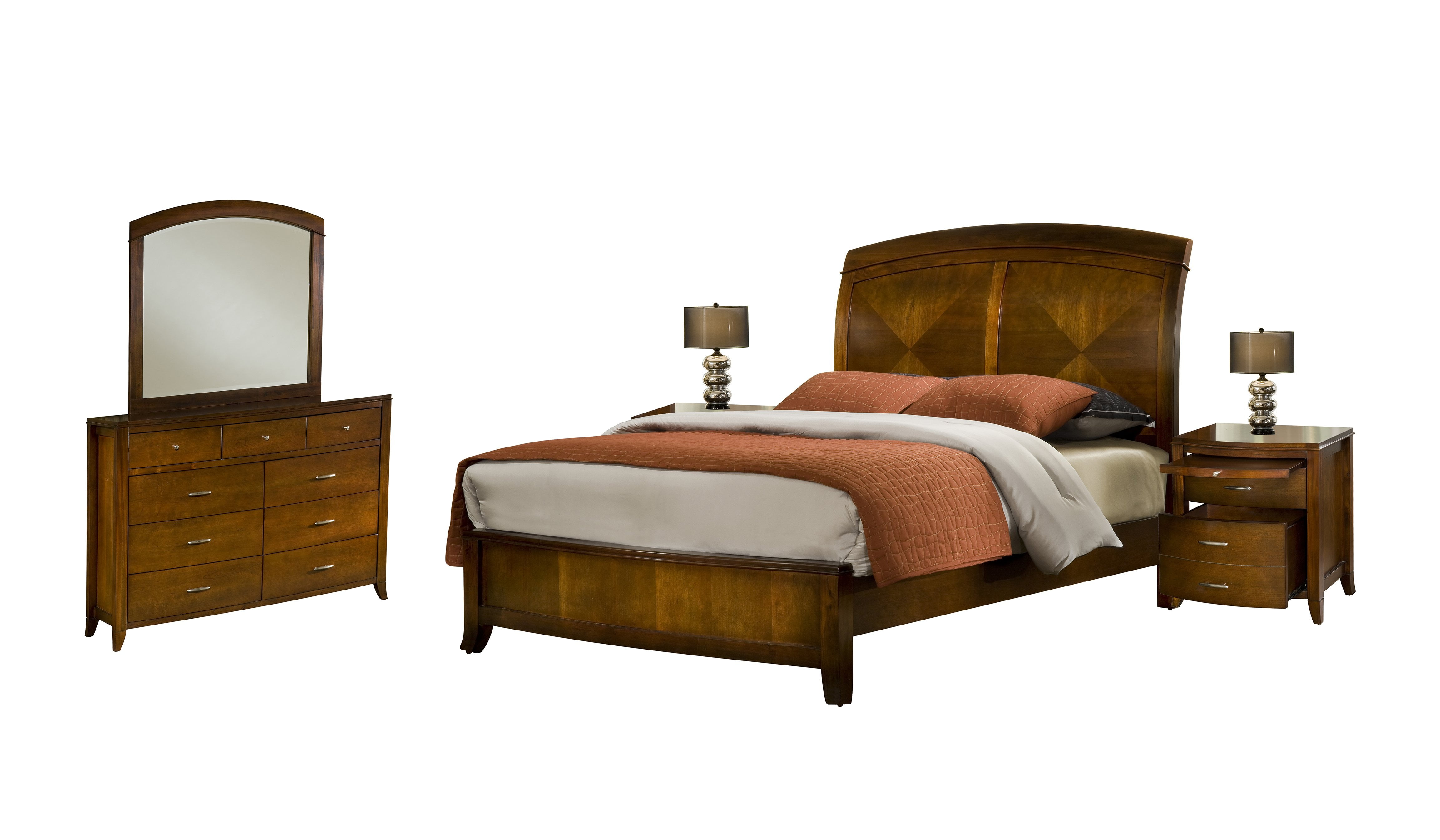 Viven 5PC E King Bed, 2 Nightstand, Dresser & Mirror Set in Mahogany