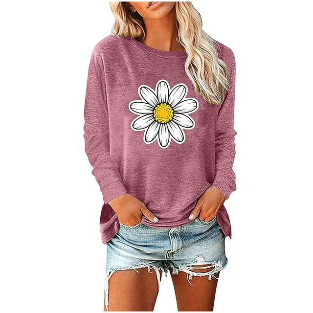Staron Chemises d'Automne pour Femmes Imprimé Floral Mode Automne Hauts Col Rond Tunique Ample Hauts Habillés Décontractés Basiques Tee Tops Chemise de Printemps T-Shirts Cadeaux pour Maman Noël Unique