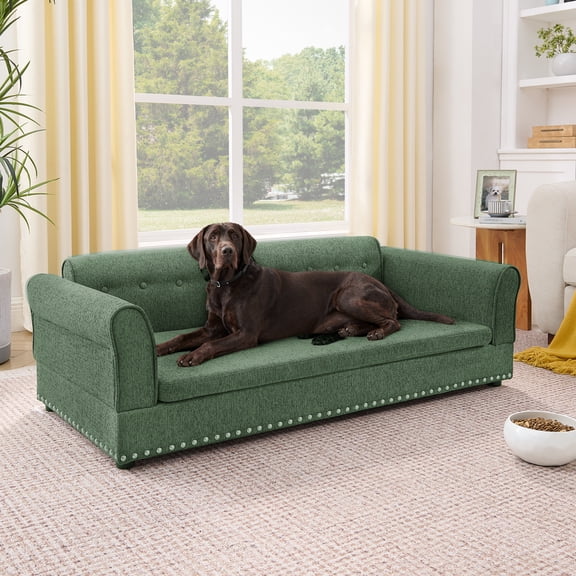 Noble House 55" Comfortable Elevated Pet Sofa, Elegant Oversized Linen Dog Bed with Support Armrests, Olive Green