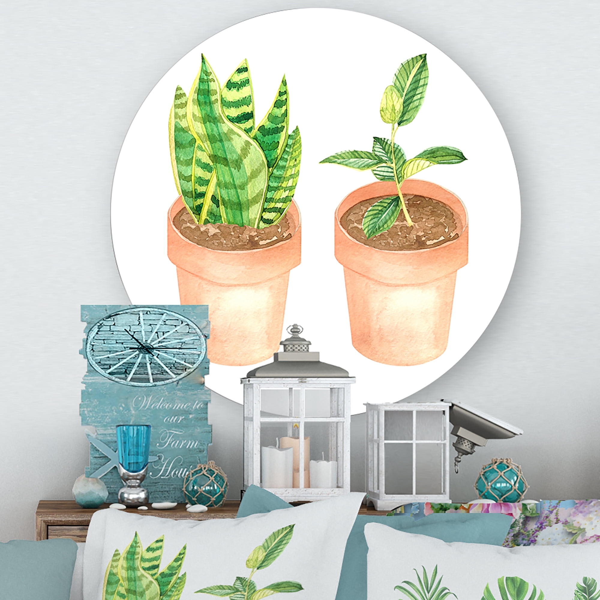 Designart 'Ficus and Sansevieria Indoor Green Home House Plants' Traditional Circle Metal Wall Art 23x23 - Disc of 23