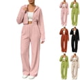 thumbnail image 4 of Naotn Women Ribbed Knit 2 Piece Sweatsuit Set, Full Zip Up Long Sleeve Cropped Hoodies Wide Leg Pants Matching Casual Sets, 4 of 7