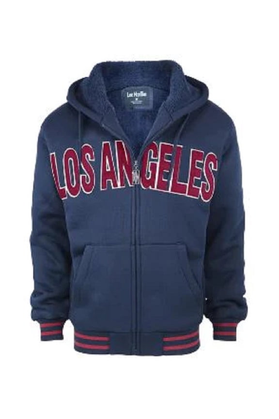 Men's Sherpa Lined Zip-Up Hoodie LOS ANGELES Long Sleeve Pockets Jacket Navy Medium