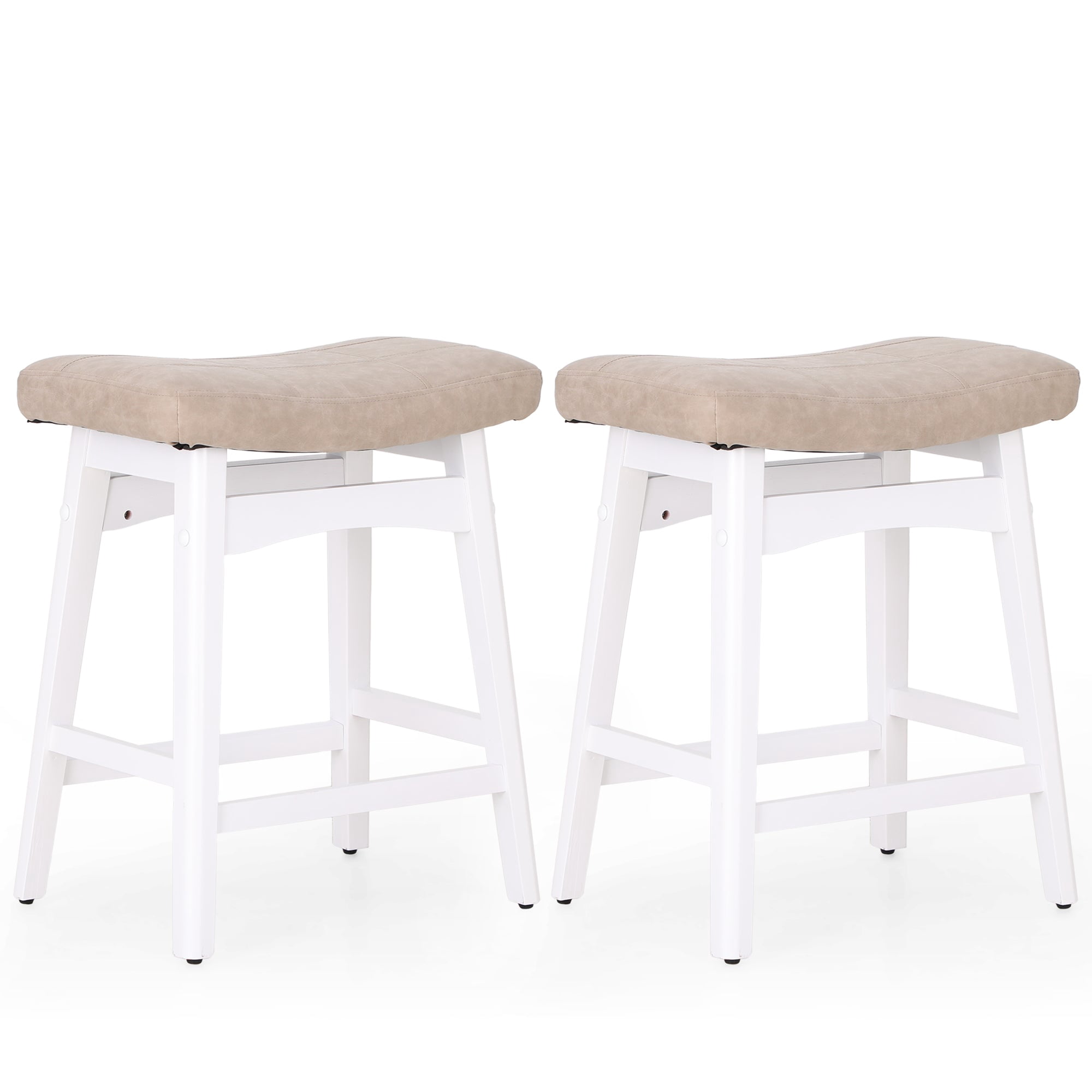 Summit Living 24 inch Counter Height Wood Bar Stools Set of 2 for Kitchen Saddle Backless Faux Leather Stools Chairs, White