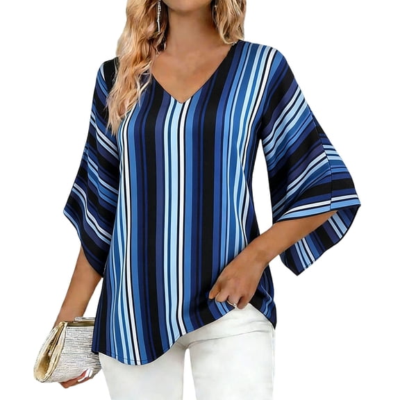 Cilsoka Fashion Tops for Women 2026, Women's Ruffle 3/4 Sleeve Floral Tunic Tops V Neck Double Layers Loose Fit Chiffon Flowy Blouses Shirt, Graphic Trendy Tees
