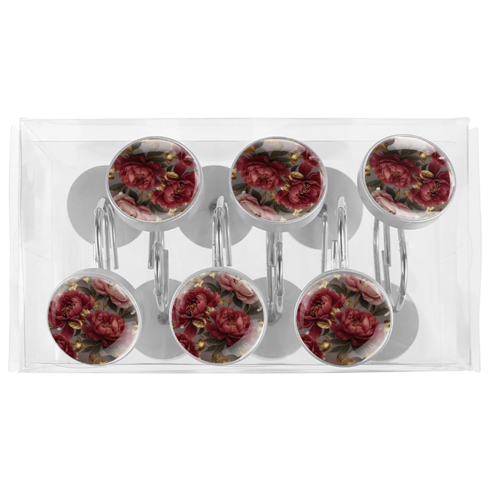 Imobaby 12 Pcs Metal Shower Curtain Hooks Rust Proof for Shower Curtain Liner - Golden Leaf Deep Pink Flower