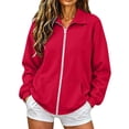thumbnail image 3 of Women's Y2K Collared Zip Up Jacket Loose Fit Long Sleeve Drop Shoulder Solid Color Soft Cozy Lightweight Casual Athletic Sweatshirt with Pockets for Daily Fall Winter Wear Red 2XL, 3 of 5