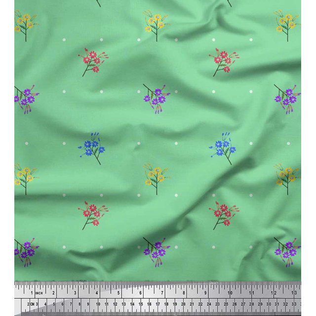 Soimoi Green Rayon Fabric Dot & Floral Artistic Print Fabric by Yard 42 Inch Wide