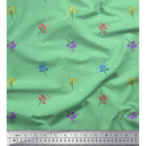 Soimoi Green Georgette Viscose Fabric Dot & Floral Artistic Print Fabric by the Yard 42 Inch Wide
