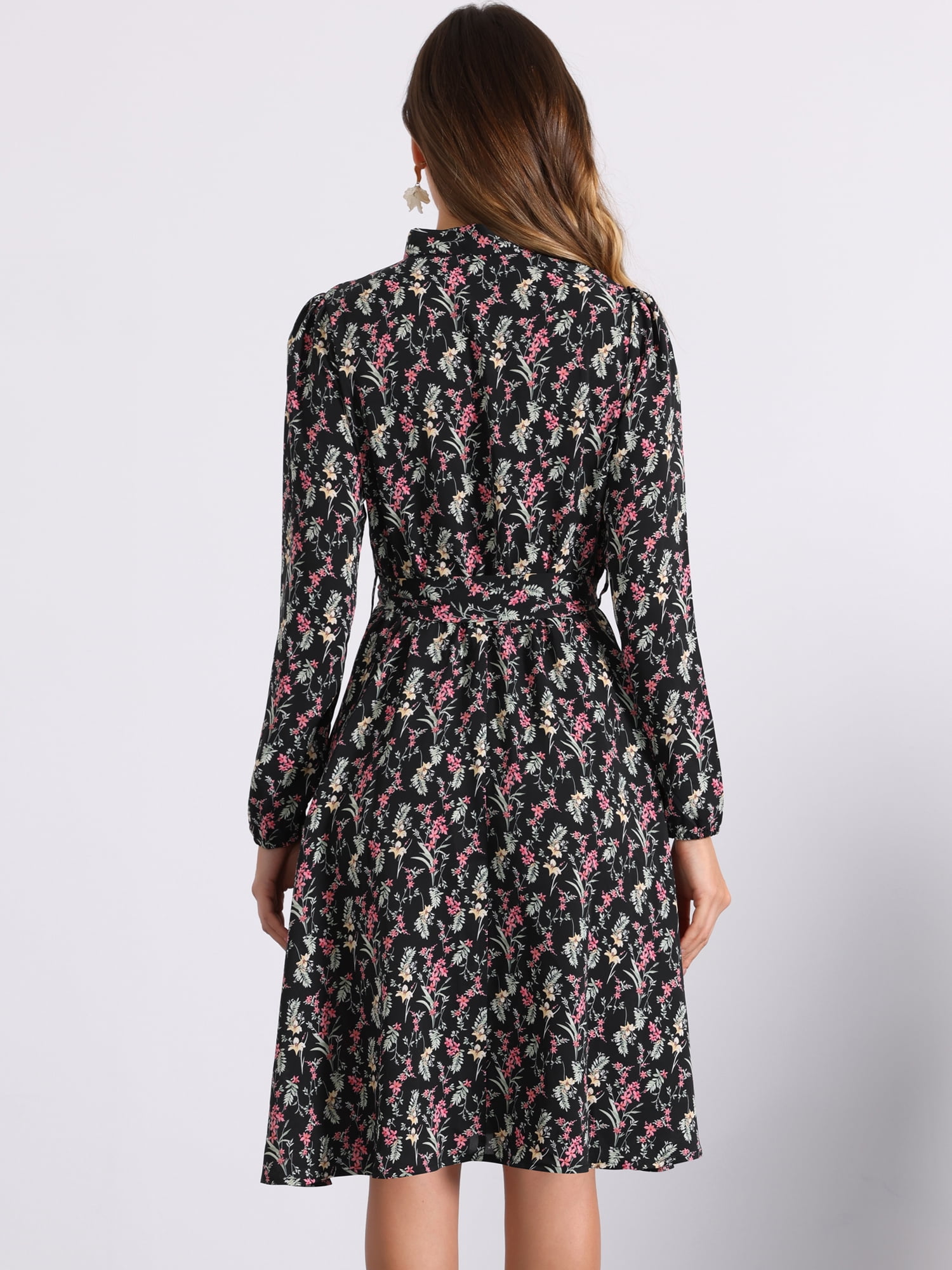 DARING DIVA Tie Neck Chiffon Belted Vintage Floral Midi Dress M Blacks