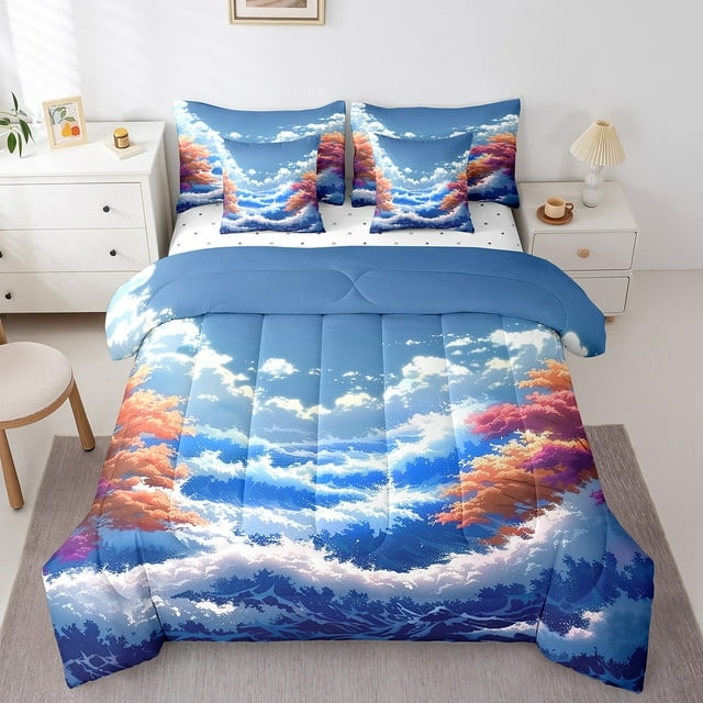 7 Pieces Japanase Wave Bedding Japanese Ukiyoe Trees Comforter Set Full, Blue Ocean Waves Bedding Comforters & Sets (1 Comforter, 1 Flat Sheet 1 Fitted Sheet 2 Pillowcases And 2 Throw Pillow Covers)