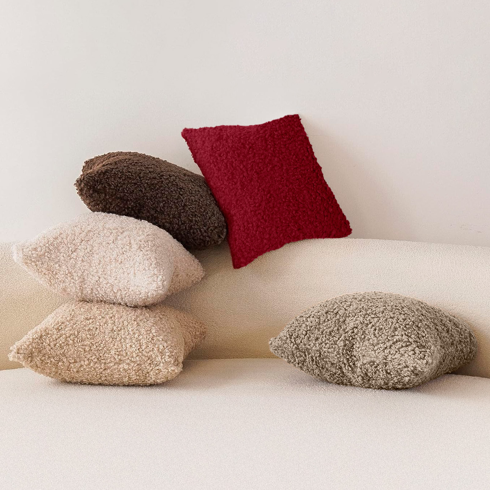 Sanmadrola Decorative Throw Pillow Covers 18" x 18" Set of 2, Teddy Fur Couch Plliowcase Cushion Cover Modern Farmhouse Home Decor, Wine Red