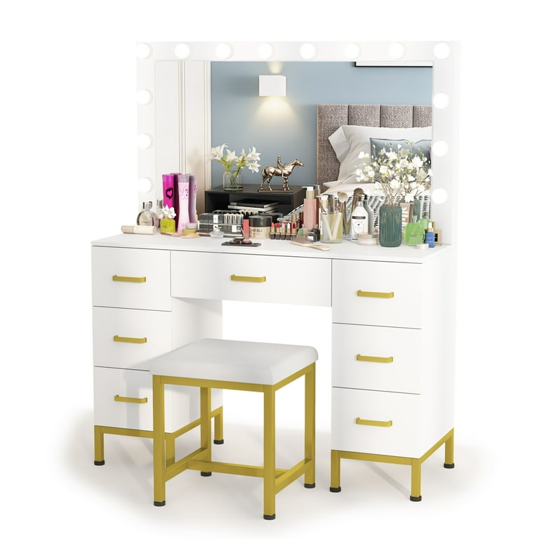 PAKASEPT Vanity Set with Lighted Mirror, Makeup Vanity Dressing Table with 14pcs LED Bulbs, Cushioned Stool & 7 Drawers, Large 44 inch White Vanity