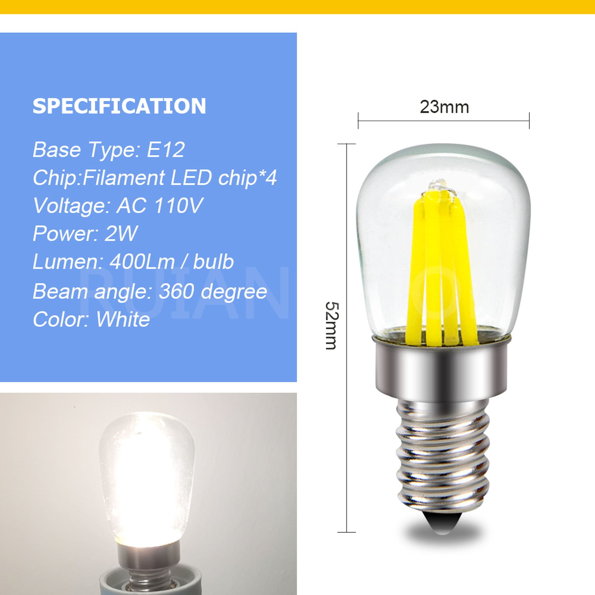 Ruiandsion E12 LED Bulb White 4 Filament 400LM 2W AC 110V IP65 Waterproof for Chandelier Marine Garden Light,(pack of 10)