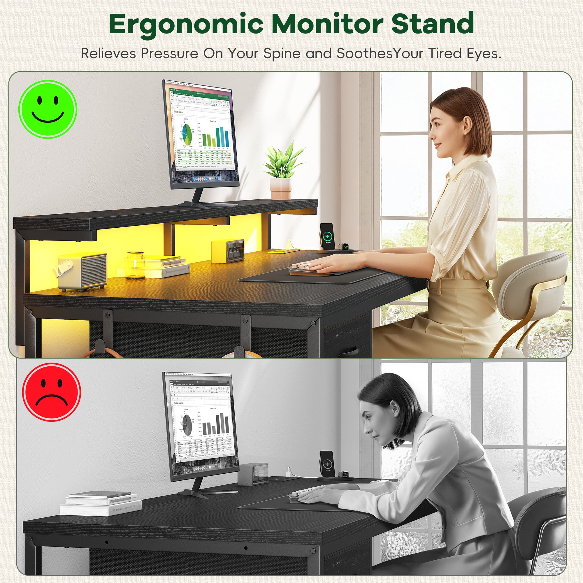 Romorgniz Gaming Desk with Power Outlet, Fabric Drawer & RGB LED Lights, Black Computer Desk with Adjustable Monitor Stand & CPU Holder for Home Office