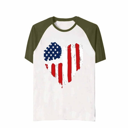 Curuila Children Girls T-Shirts Summer Hearts Print Crew Neck Short Sleeved Loose Fit Fashionable Tops Army Green Size 3-4 Years