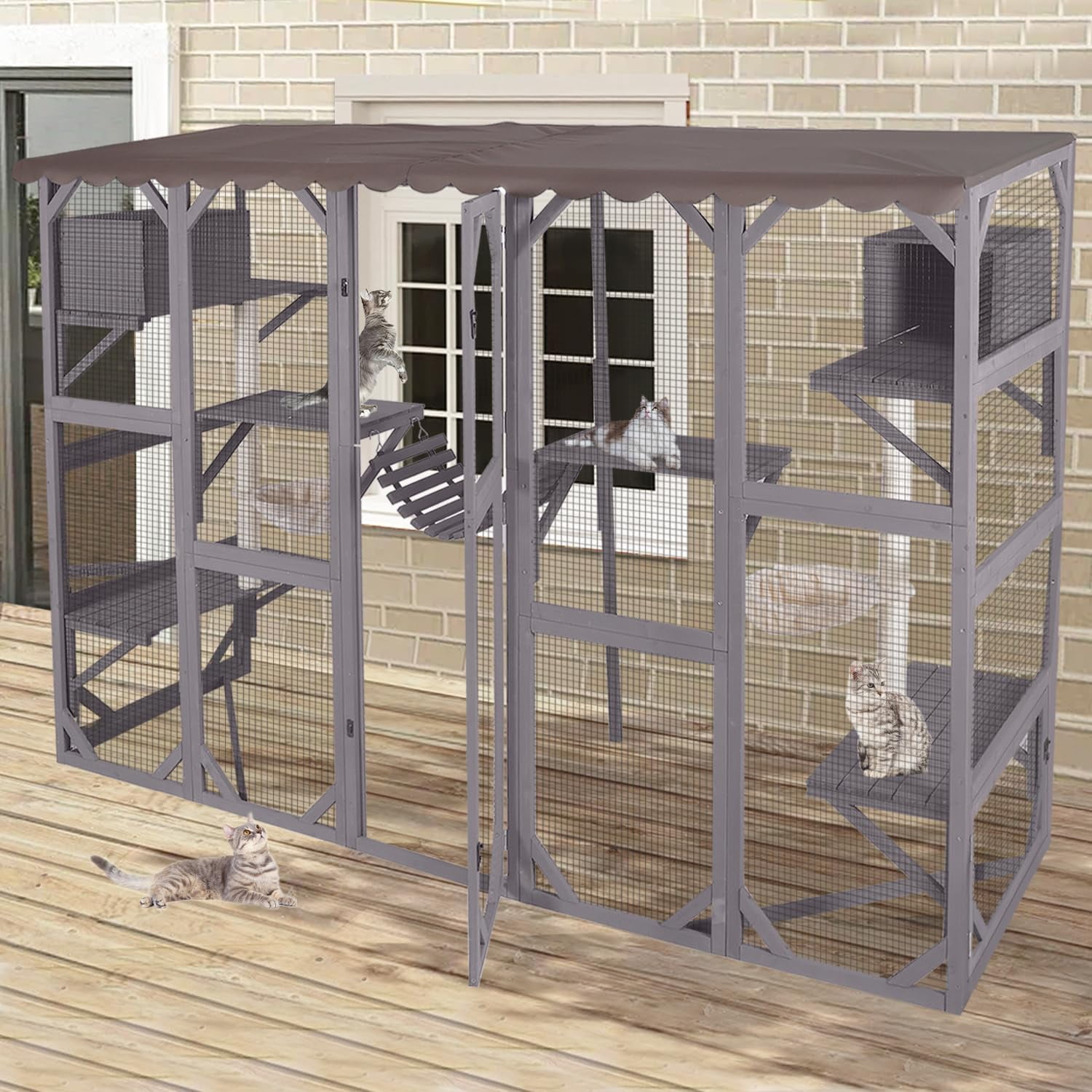 Aivituvin Catio Outdoor Cat Enclosure Window Large Cat Patio 3 Tiers with 6 Platforms and 2 Scratching Posts for Cats House 104" L