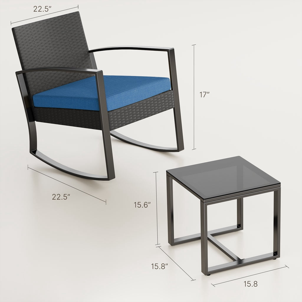 Aiho 3 Pieces Patio Furniture Set, Rocking Rattan Conversation Set with Glass Table and Cushions，Outdoor Chairs Set for Garden, balcony, Yard, Poolside - Blue