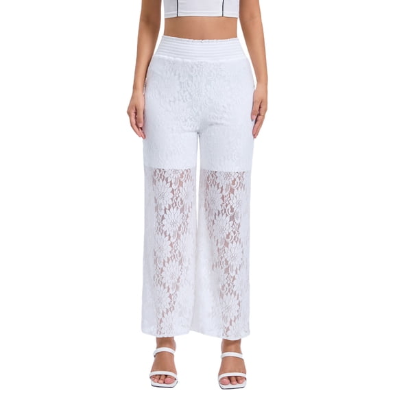 Ecqkame Women's Lace Pants Fashion Mesh Sheer Elastic High Waist Leisure Trousers Wide Leg Lightweight Full Length Pant White M