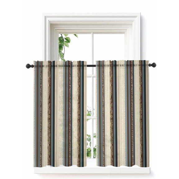 Boho Streiped Tier Curtains 45 Inch Length,Sheer Curtains for Bedroom Living Room Window Vintage Abstract Beige Vertical Stripes Small Half Window Kitchen Curtains & Drapes 27.5"x45" 2 Panels