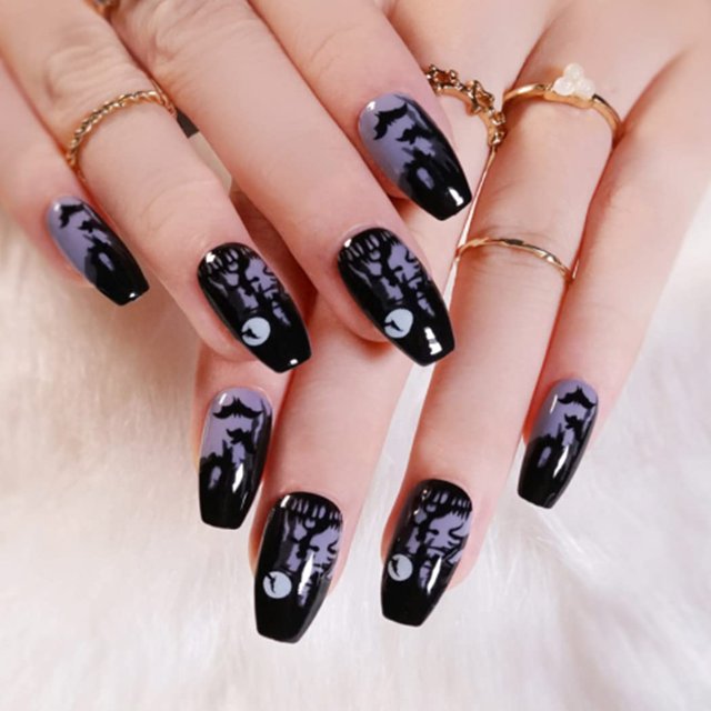 Prensa de Halloween en las uñas Noche oscura Ataúd Prensa en las uñas Medio brillante Festival gótico Cubierta completa Acrílico Uñas postizas Consejos para mujeres y niñas 24 piezas Namotu HMYH839