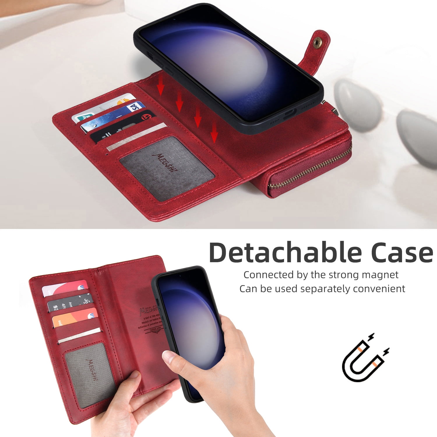 ShieldFlex Wallet Case Compatible with Samsung Galaxy S25 Ultra 5G, 13-Card Holder Soft PU Leather Crossbody Wallet Zipper Pocket Magnetic Detachable Phone Cover Fit for Galaxy S25 Ultra,Red (3 IN 1)