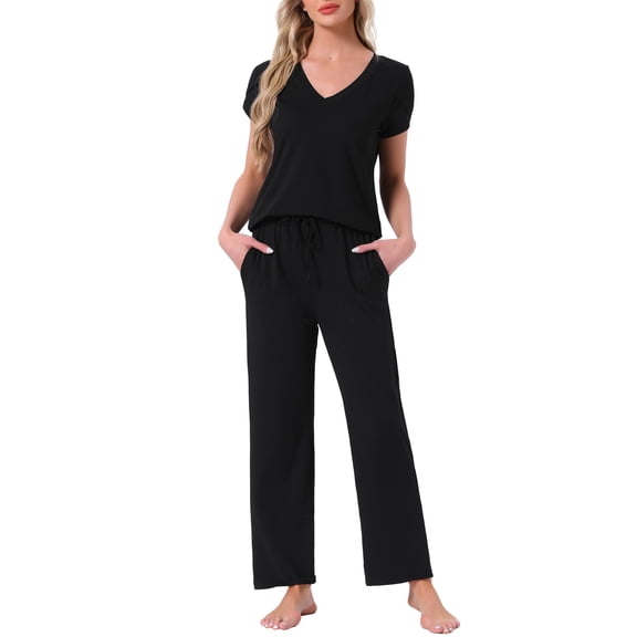 DARING DIVA Pajamas V Neck Top Drawstring Pants Sleepwear Lounge Sets S Black