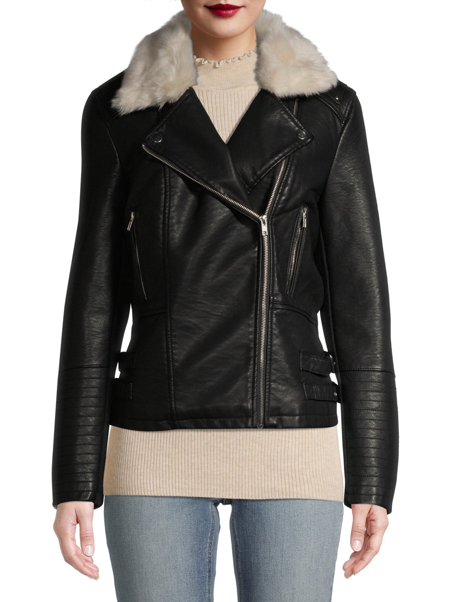 Vogue Multi Color Faux Fur Coat Short Style Slim Fit Womens PU Leather Jacket 