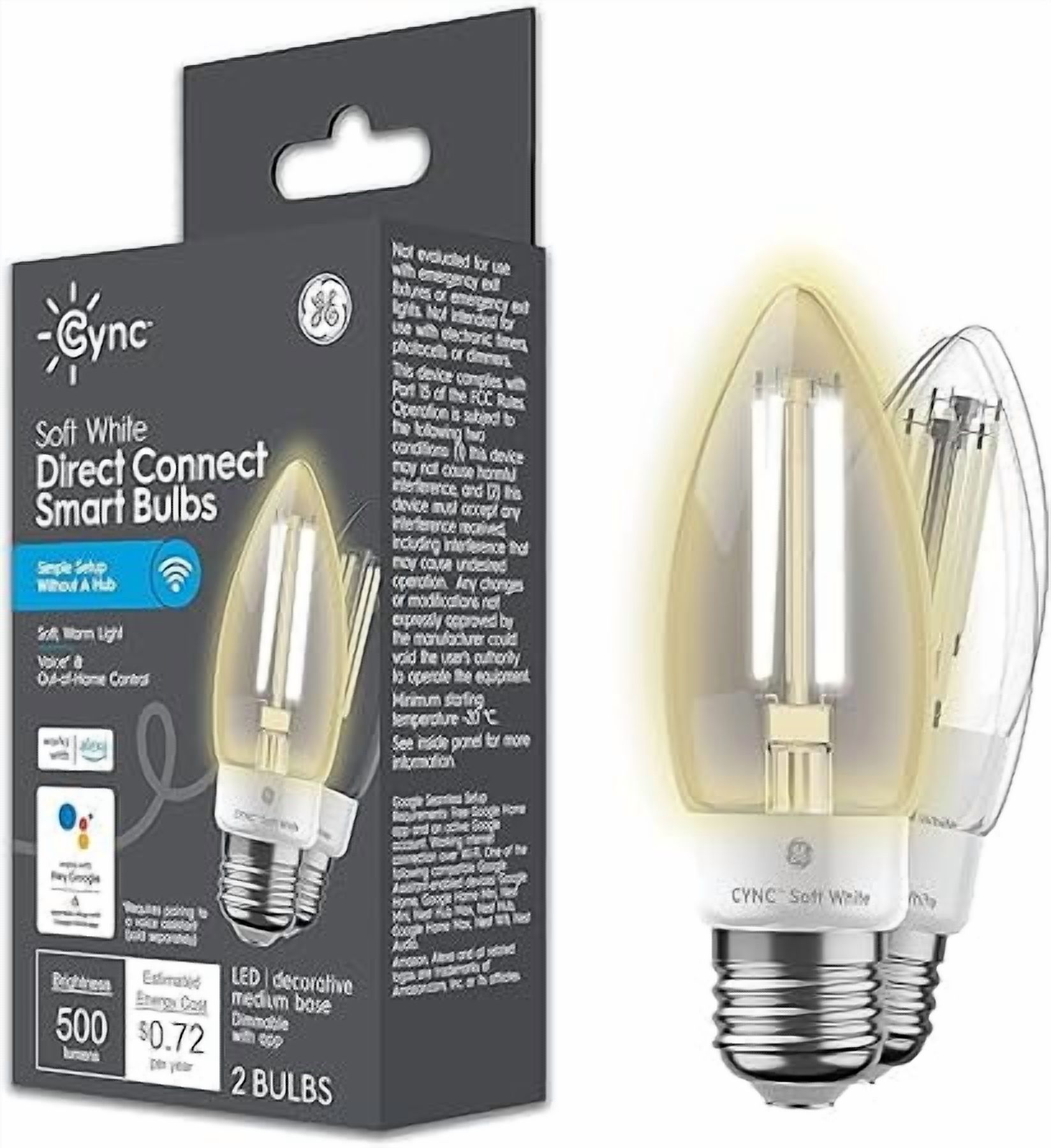GE CYNC Smart LED Light Bulb, Candle Light Bulb, and Google Home, WiFi Light, Soft White, 60W Equivalent, Medium Base (Pack of 2)