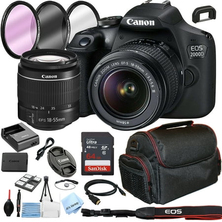 Canon EOS 2000D / Rebel T7 DSLR Camera with 18-55mm Lens + Optics Filter Set, Camera Bag + Sandisk Ultra 64GB Card + and More