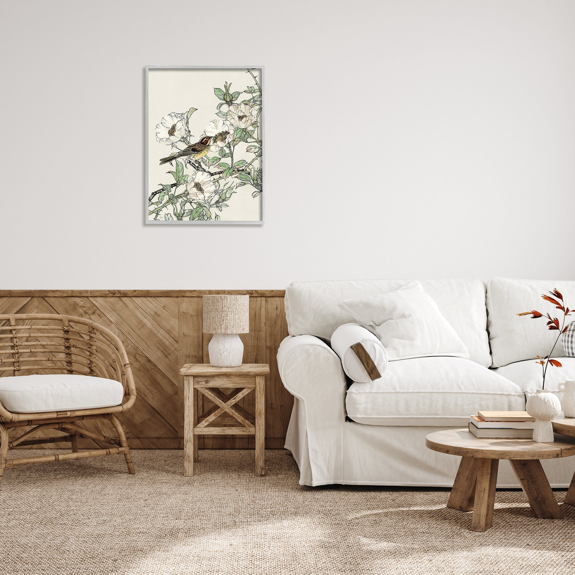 Stupell Industries Delicate Bird & Blossoms Botanical & Floral Painting Gray Framed Art Print Wall Art, 24 x 30