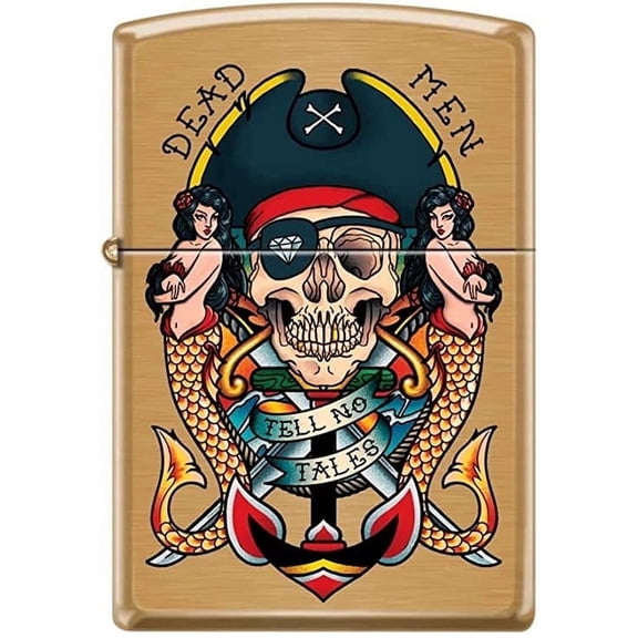 Zippo Lighter- Pirate Logo Skull Mermaids Brushed Brass Windproof Lighter #Z5276