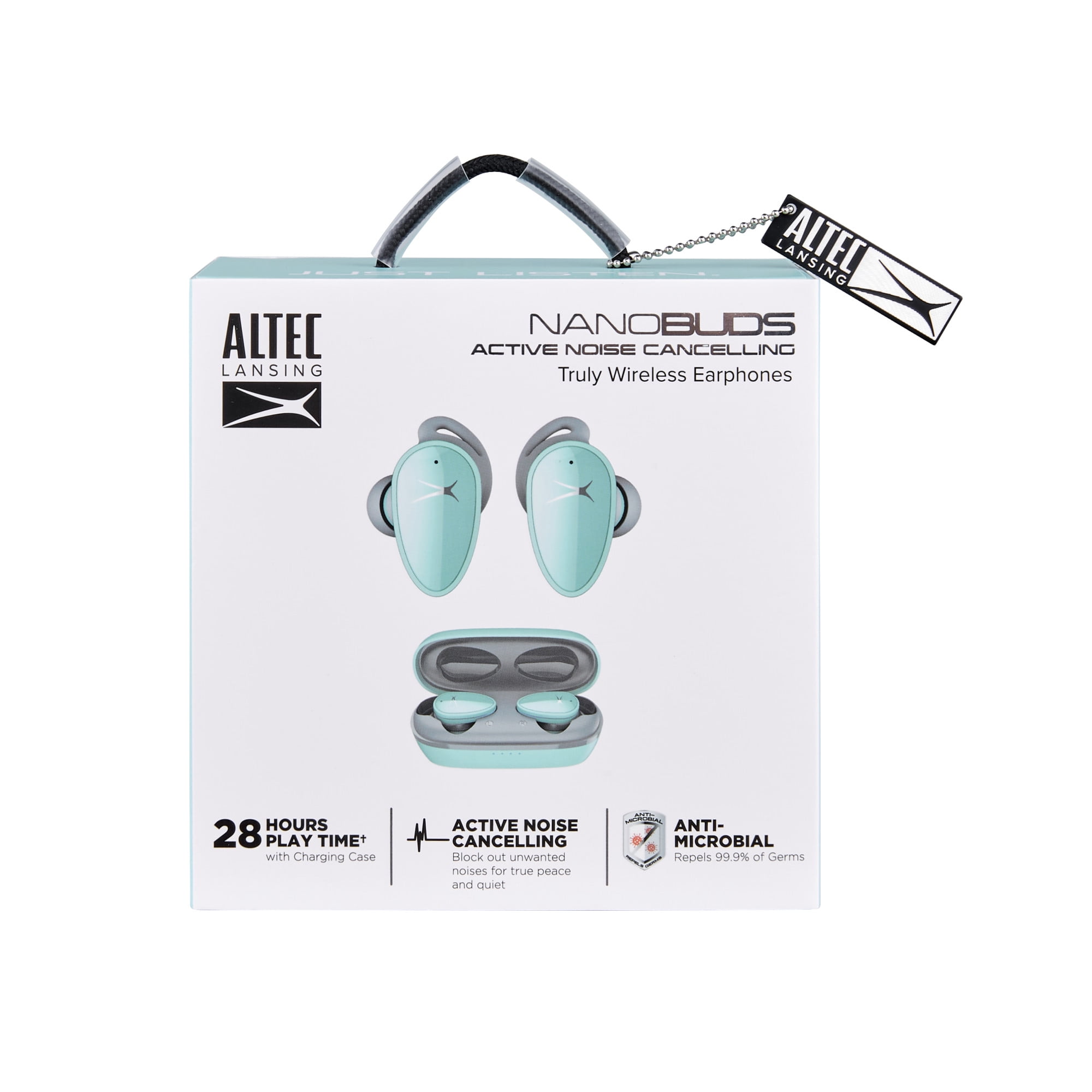 Altec Lansing NanoBuds Active Noise Cancelling Truly Wireless Earbuds, with Water Resistance, Stay-In-Place Helix Wings, Anti-Microbial Protection, 28 Hours of Total Playtime, Mint Green
