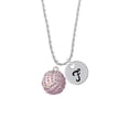 thumbnail image 2 of Delight Jewelry Silvertone Large Super Sparkle Crystal Pink AB Volleyball Silvertone Script Initial Disc - F - Charm Necklace, 20"+3", 2 of 4