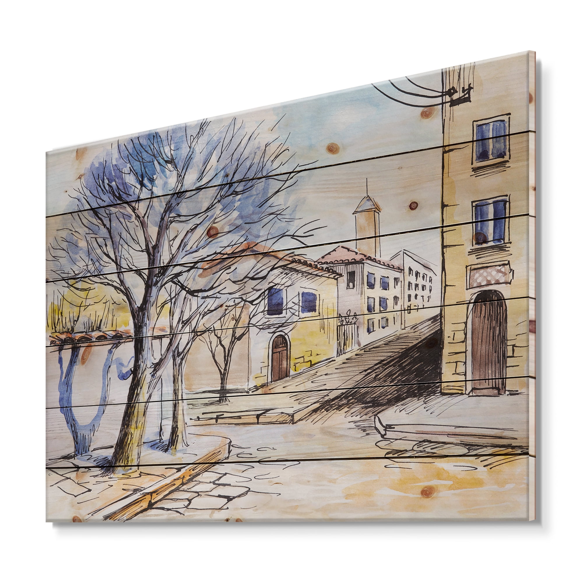 Designart 'Vintage White House In Summer VIllage' Traditional Print on Natural Pine Wood