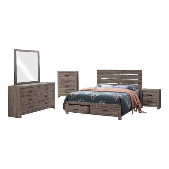 Sili 5pc Queen Storage Bedroom Set- Oak Brown and Dark Bronze- Mirror