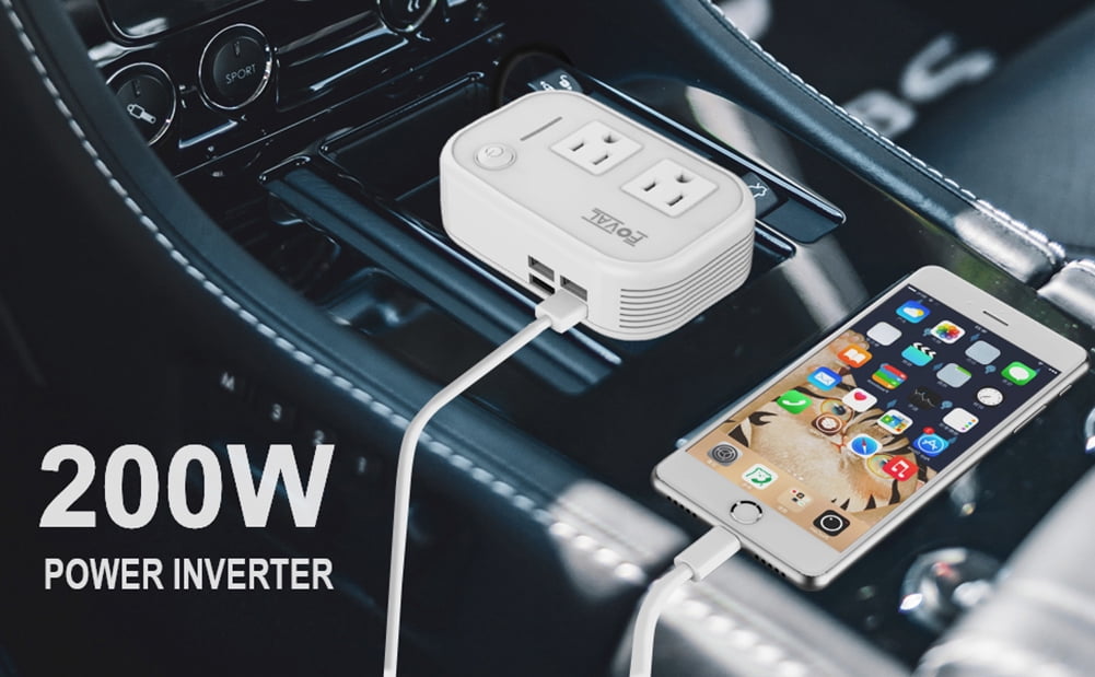 FOVAL 200W Car Power Inverter DC 12V to 110V AC Converter with 4 USB Ports Car Laptop Charger, Car Adapter for Plug Outlet (White)
