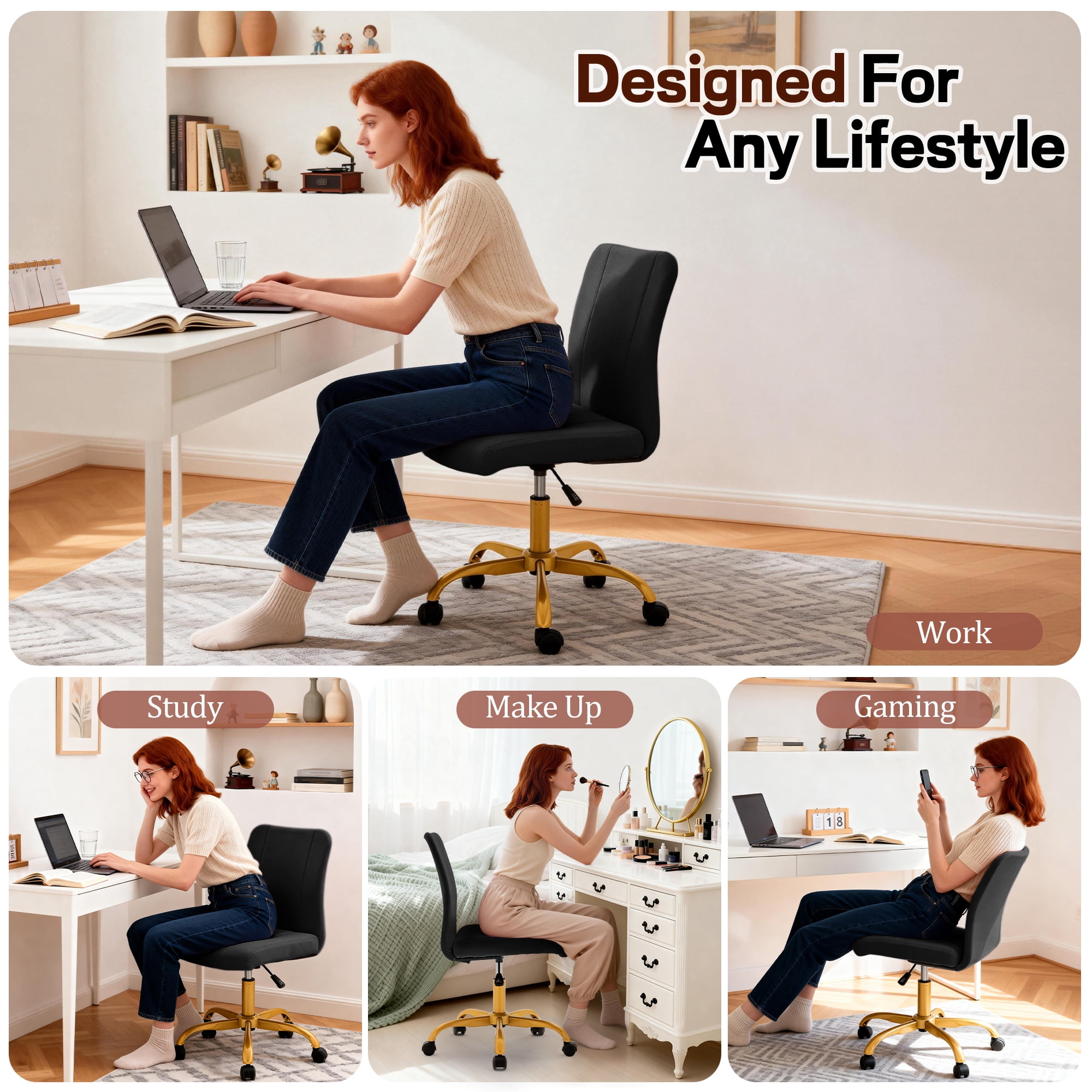 Korser Armless Home Office Desk Chair with Back Modern Vanity Chair with Adjustable Height,360° Swivel Task Chair,Velvet,Black