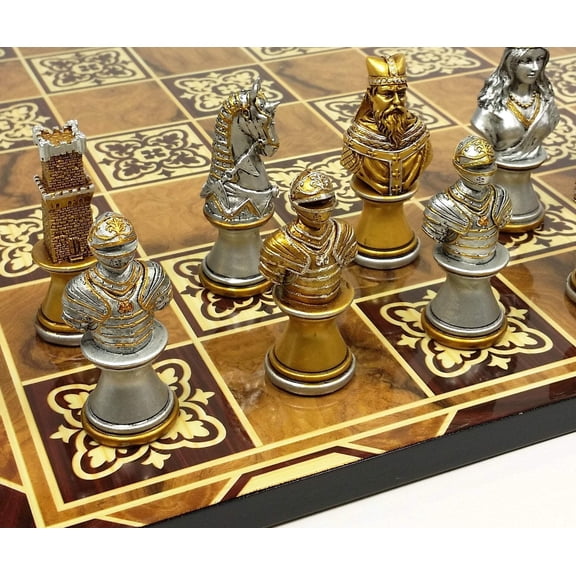 Medieval Times Crusade Gold  Silver Busts Chess Set 17" Burlwood Color Board