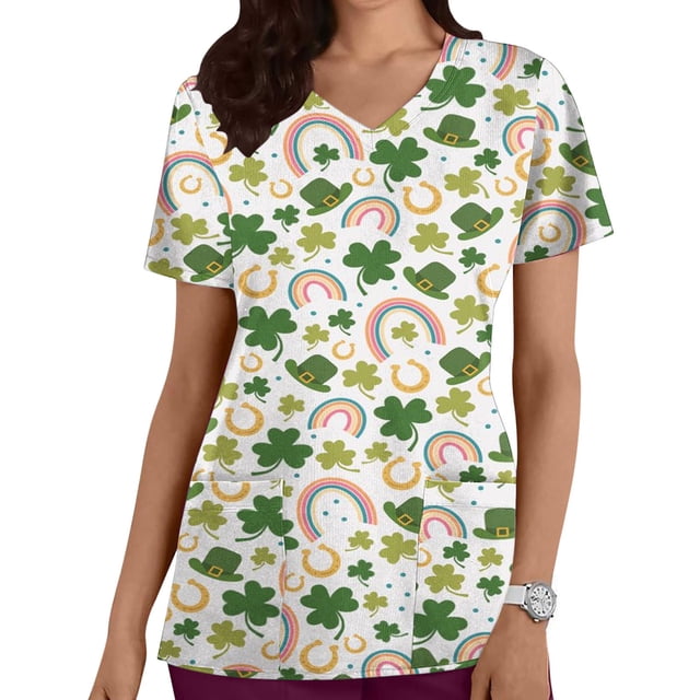 LSLJS St. Patrick's Day Haut d'Infirmière à Manches Courtes Imprimé avec Poche Col en V pour Femmes, Blouses Médicales pour Femmes