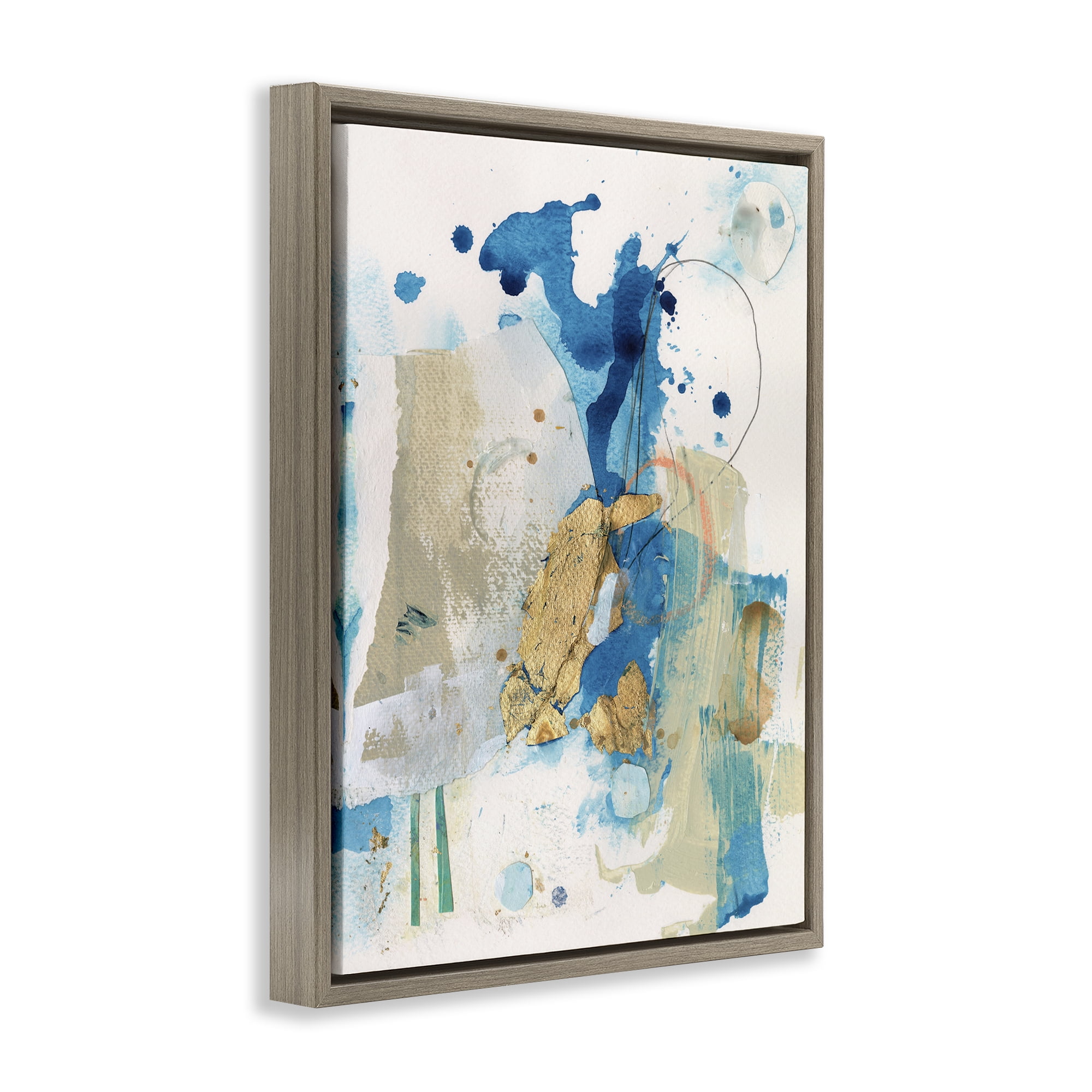 Stupell Industries Blue & Gold Splash Abstract Abstract Painting Brown Floater Framed Canvas Art Print Wall Art, 25 x 31