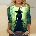 thumbnail image 2 of Riecok Womens 3/4 Sleeve T Shirts Crewneck Witch Printed Tunic Tops Holiday Party Clothes Green L, 2 of 5