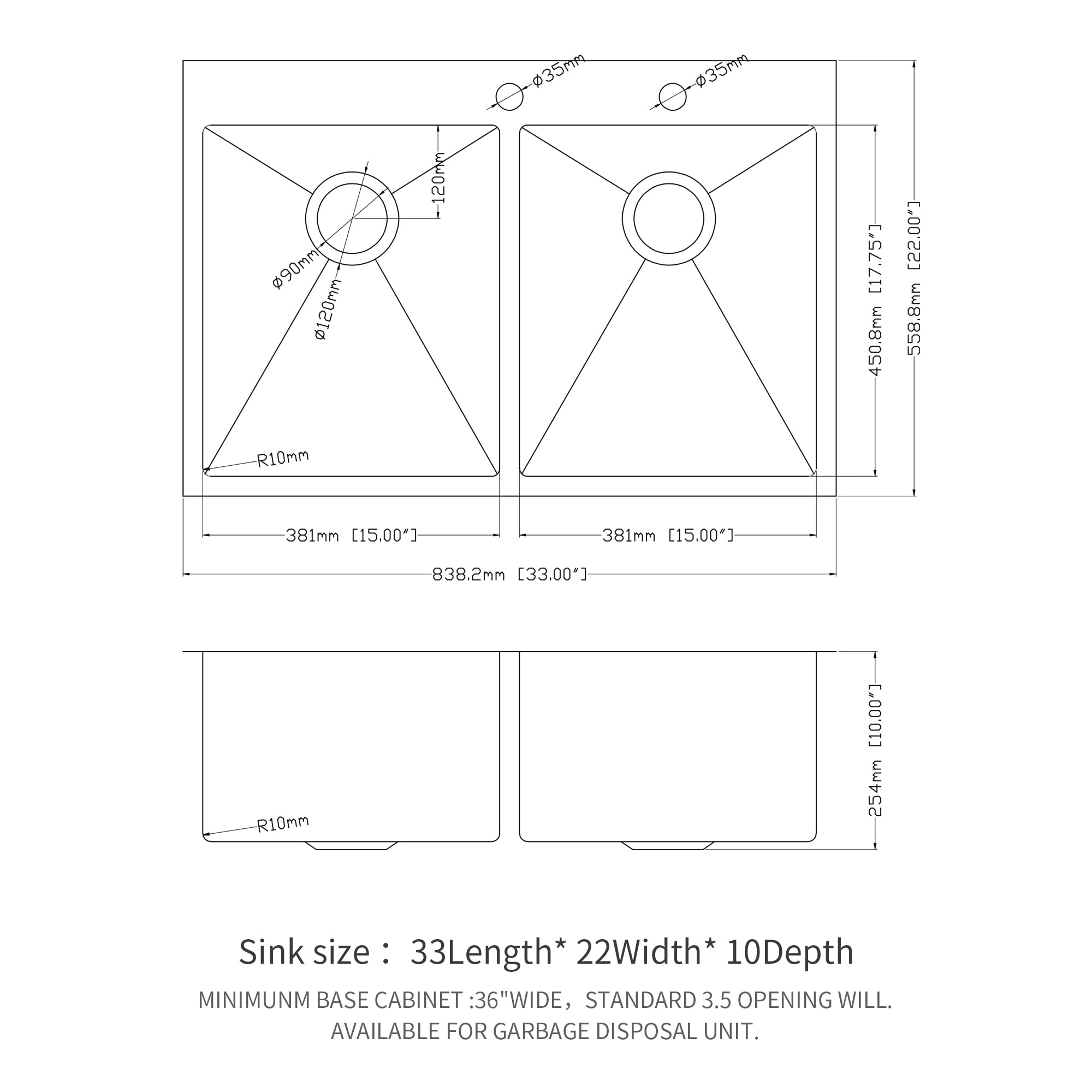 Izzovium 33"x22"x10" Double Bowl Drop in Kitchen Sink, 16 Gauge Stainless Steel with Brushed Nickel Finish, 50/50 Split Design, Two 10" Deep Basins