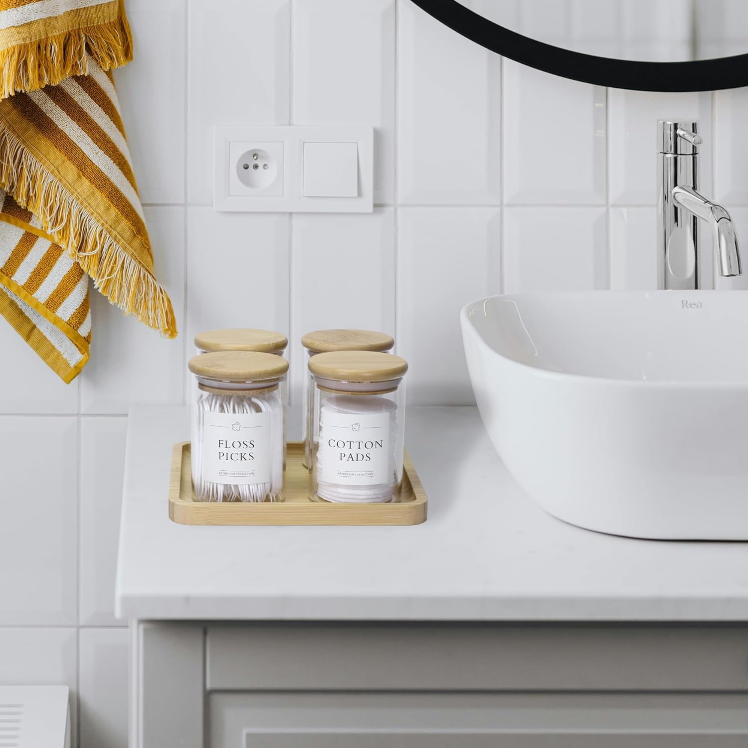 Qtip Holder with Vanity Tray - 4 Pack Glass Apothecary Jars with Lids, Cotton Ball Swab Pad Floss Pick Holder, Bathroom Organizers Jars Containers Canisters Accessories Set