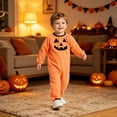 thumbnail image 2 of Krdevn Kids Halloween Crew Neck One Piece Jumpsuit Unisex Classic Jack O Lantern Face Embroidery Cosplay Onesie with Sleeves and Ankles 0-6 Months,Orange, 2 of 3