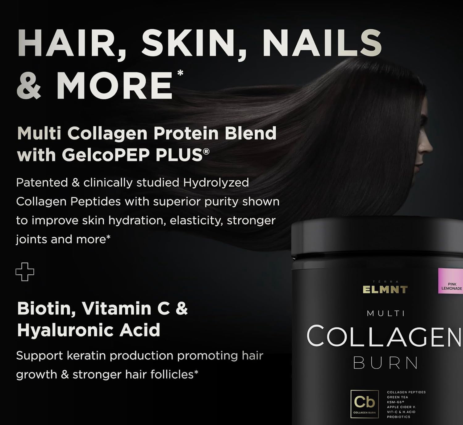 ELMNT Super Collagen Burn Powder for Women w. Hyaluronic Acid, KSM66, Apple C Vinegar, Probiotics, Biotin (Pink Lemon
