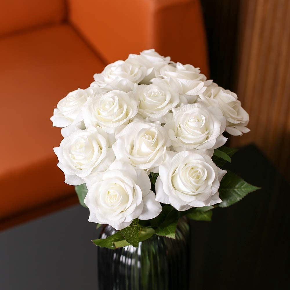 White Roses Artificial Flowers Bulk Real Touch Roses Fake White Silk Roses Flowers Floral Arrangement Bouquet for Wedding Bouquet Home Wedding Party Garden Bridal Decorations DIY (White)