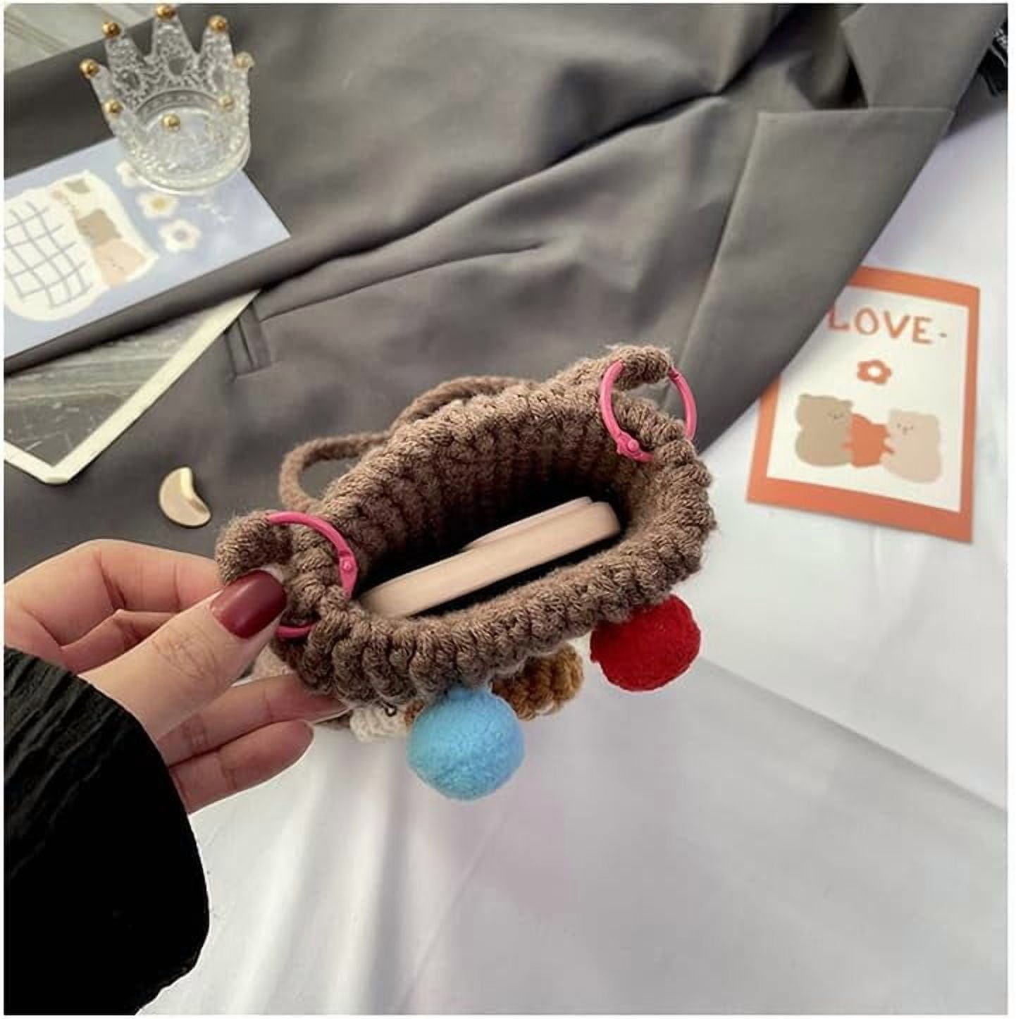 JennyShop Women Knitted Glove Shaped Crossbody Bag Pretty Shoulder Bag Crochet Cell Phone Bag with Mushroom Decoration