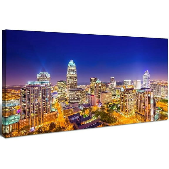 Charlotte City Wall Art City Skyline Wall Decor Blue Night Cityscape Canvas Prints North Carolina Landscape Pictures Modern Skyscraper Scenic Artwork for Living Room