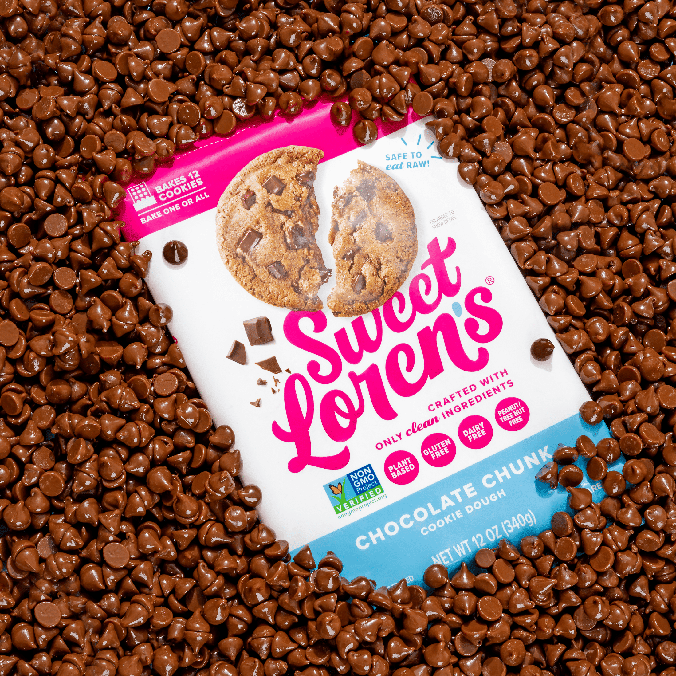Sweet Loren's Ready to Bake Chocolate Chunk Cookie Dough, Gluten Free & Vegan, Top 9 Allergen Free, 12 oz